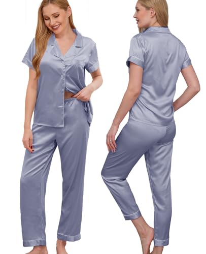 Image of WJing Yi Jia Womens Pajamas Set XS-4XL Floral Silk Satin Pajama Sets Silky Pj Sets 2Pcs Loungewear Sleepwear Button Down Pjs