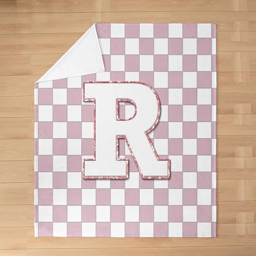 Image of Erosebridal Pink Initial R Fuzzy Plush Throw Kawaii Plaid Checkered Fleece Blanket Cute Personalized Monogram Flannel Blanket for Kids Girls,Fashion Grids Gingham Decor for Bed Couch Throw 50 inchx60 inch