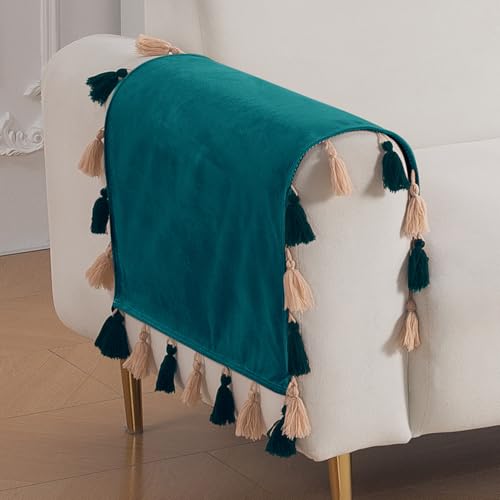 Image of HOKIPO Premium Holland Velvet Armrest Covers with Tassel for Sofa - 'TasselTone Series' (2 Pcs), Teal (IN-1102-TL*2SM)