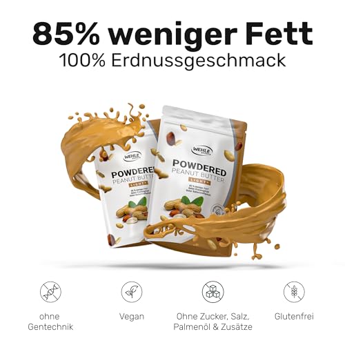 Erdnussbutter light Pulver 450g - Powdered Peanut Butter 85% weniger Fett, ohne Zucker I Peanut Creme mit leckerem Geschmack, Wehle Sports - Verpackung kann variieren
