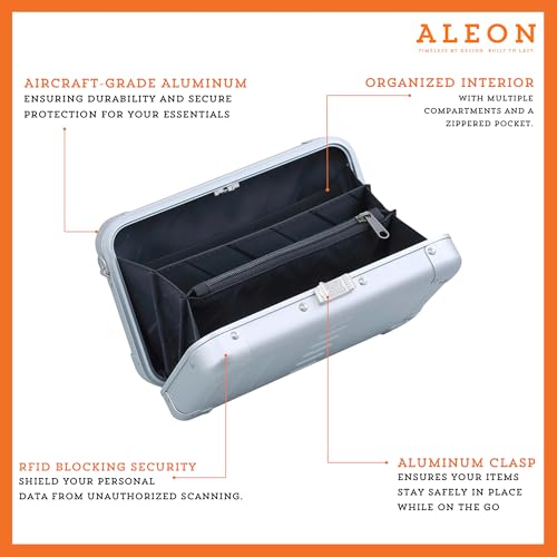 Image of Horizontal All Aluminum Crossbody Bag - Lightweight Compact Travel Case with Adjustable Strap, RF Blocking, Interior Pockets & Secure Clasp - Stylish Over-Shoulder Bag for Men & Women (Platinum)