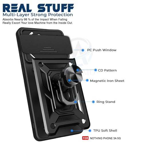 Image of Luxe Back Cover for Nothing Phone 3(a) 5G | D10 Tough Armor Case | Sliding Camera Shield | 360 Protection | Kickstand Ring Holder | Military-Grade Shockproof Bumper Case