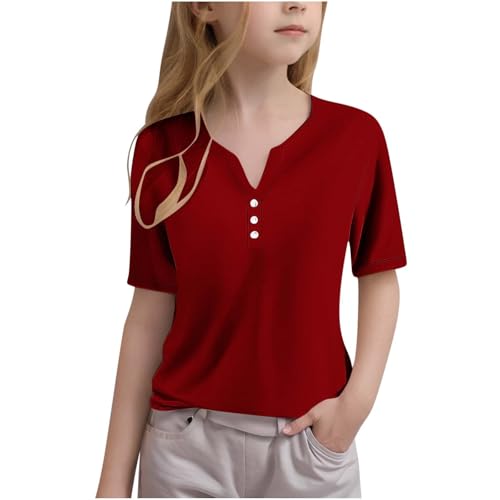 Kid's Solid Shirts Boys Girls Short Sleeve Tunic Tops Casual V Neck Straight Comfy T-Shirt for Teen 1-10 Years