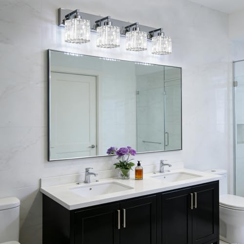 Image of Brushed Chrome Crystal Bathroom Vanity Light, 4-Light Modern Bathroom Lighting Fixtures Over Mirror,Chrome Wall Sconce Light Fixtures with Square Shade