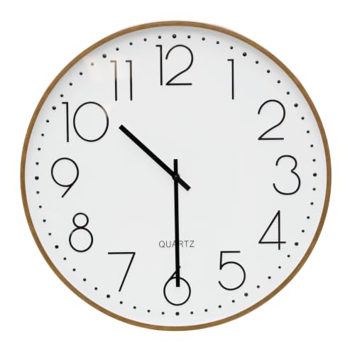 Image of Large Round Wall Clock, 50cm White Face Black Numerals Dark Wood Effect