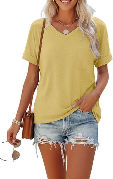 Women's V-Neck Short Sleeve T-Shirt, Casual Loose Fit Top with Chest Pocket, Yellow