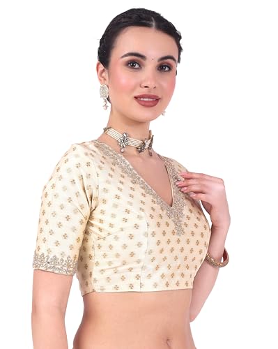 Image of Studio Shringaar Women's Brocade Embroidered V-Neck Readymade Elbow Length Sleeves Saree Blouse