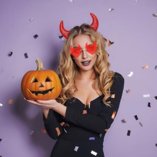 Ricawa Devil Horns and Sunglasses Halloween Costume Set - Red Devil Horns Headband Glitter Devil Ear