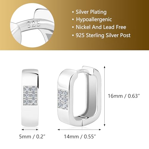 925 Sterling Silver Hoop Earrings for Women Trendy Cubic Zirconia Small Chunky 14K Gold Plated Earrings Minimalist U Shape Geometric Rectangle Hypoallergenic Lightweight Square Hoops Earring4