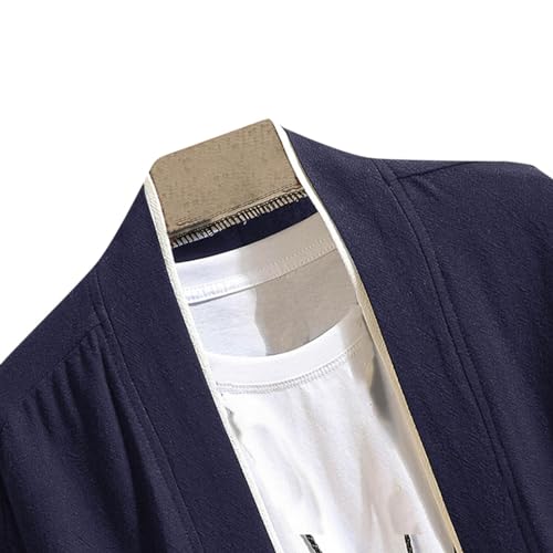Cambkatl Men's Retro Lace-Up Cotton Cardigan Casual Summer Color Block 3/4 Sleeve Kimono Jackets Open Front Outerwear3