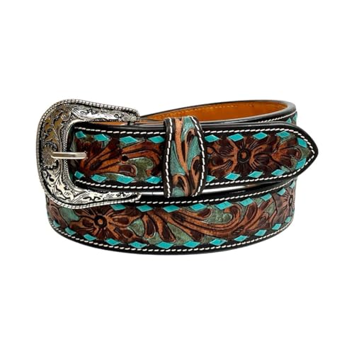 Western Leather Belt Heavy Duty Belt Tooled Antique Finish with Turquoise Buckstitch Belt 30AB1112