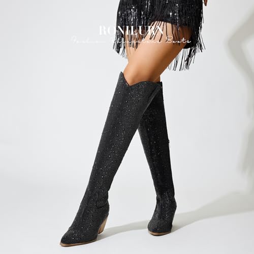 Women Rhinestone Over the Knee Cowboy Boots, Sparkly Bling Cowgirl Boots Western Thigh High Boots Pull-On Side Zippers Chunky Heel Pointed Toe Size5-12 For Fashion&Daily4
