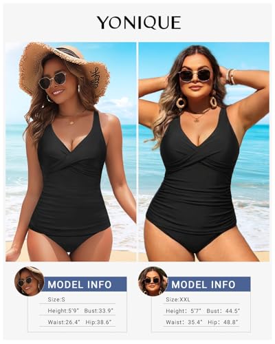 Image of Yonique Plus Size Tankini Swimsuits for Women Blouson Tankini Tops with Swim Shorts Two Piece Bathing Suits