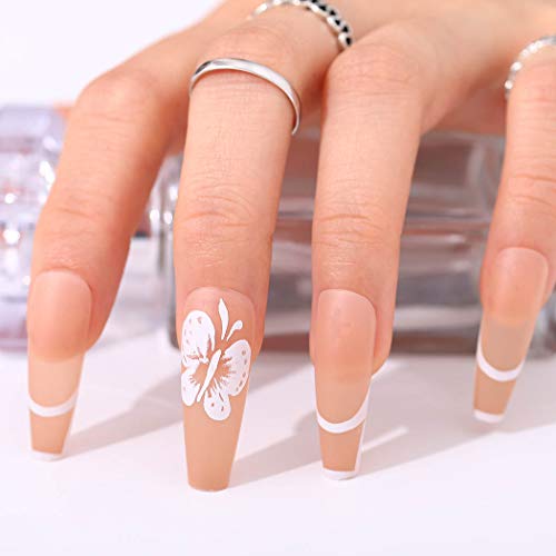 Outyua Matte Butterfly Extra Long Press on Nails Nude Coffin Fake Nails French Cute False Nails Nallerina Full Cover Acrylic Nails for Women and Girls 24Pcs