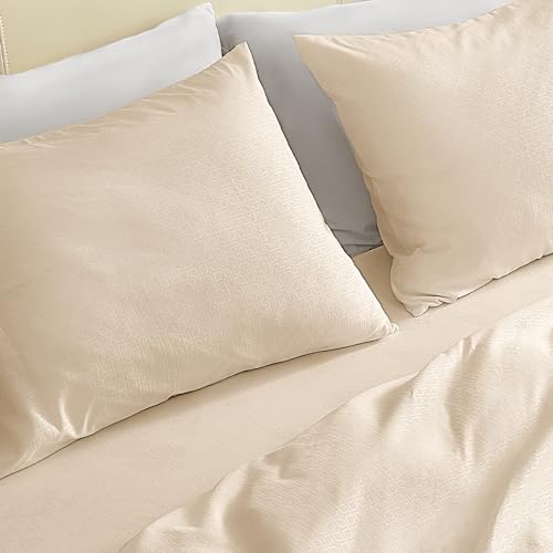 SLEEP ZONE Soft Sheets for Queen Size Bed, 4 Pieces Hotel Luxury Sheet Set, Easy Care Polyester Microfiber Cooling Sheet & Pillowcase Sets (Beige-Four Leaf Clove, Queen)