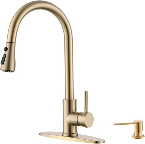 Miniatura 9 de Grifo de cocina de níquel cepillado con dispensador de jabón, grifo de fregadero de cocina con rociador extraíble, arco alto, mango único, grifo de