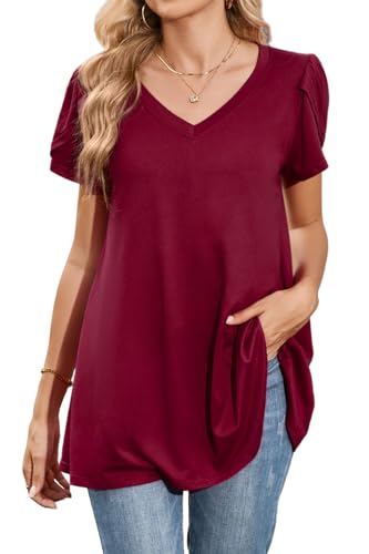 Enmain Tunique Femme Manche Courtes Grande Taille T Shirt Col V à Chemisier Femme Ete Chic et élégant Tuniques Haut Ample Bordeaux 4XL