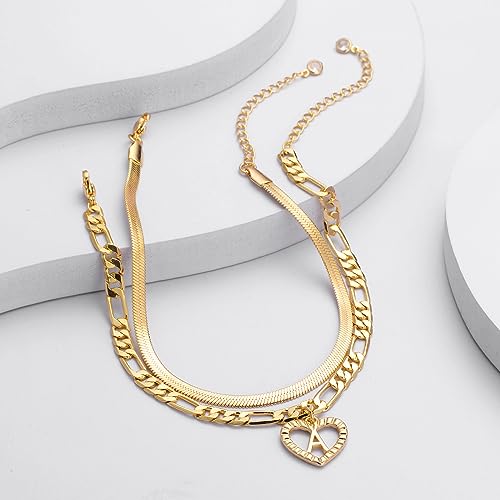 Image of YANODA Gold Ankle Bracelets for Women Waterproof, 14k Gold Plated Layered Snake Anklets Figaro Chain Letter Initial Anklets Handmade Heart Ankle Bracelets Personalized for Women Beach Jewelry Gifts