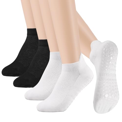Radsocken 4 Pairs Non Slip Grip Yoga Socks for Women, Pilates Socks with Anti-Slip Rubber Particles,Cotton Breathable Socks for Barre Fitness,Dance,Workout,Fitness(3-7 Black*2+White*2