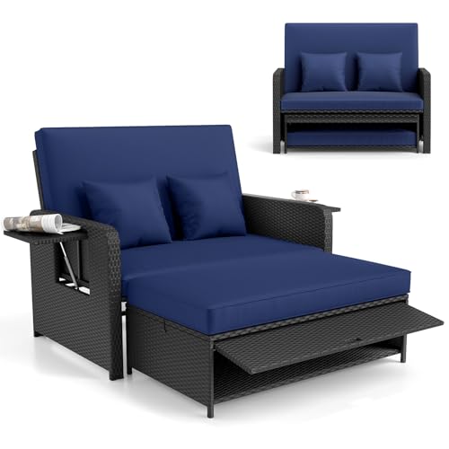 RELAX4LIFE Wicker Patio Outdoor Daybed - Rattan Day Bed Lounger w/Loveseat & Storage Ottoman, Sunbed Sofa Set w/Cushions, 4-Level Adjustable Backrest & 2 Retractable Trays, Patio Daybed (Navy-Black)