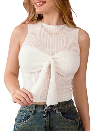 MakeMeChic Women's Bow Front Knit Tank Top Crewneck Sleeveless Sweater Vest