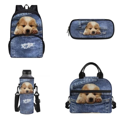 Zainetto 4 in 1 per la scuola set di zaino per la per bambini e adolescenti Cane-blu Zaini denim