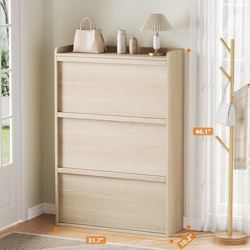 GarveeHome Shoe Cabinet with 3 Flip Drawers, Wooden Shoe Organizer with Adjustable Shelf, Shoe Storage for Entryway, Hidden Shoe Cabinet for Hallway, Living Room, Natural Oak
