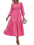 Picture of PRETTYGARDEN Puff Long Sleeve Smocked Maxi Dresses for Women 2026 Spring Crewneck Empire Waist A-line Flowy Tiered Midi Dress(Rose Pink,Medium)