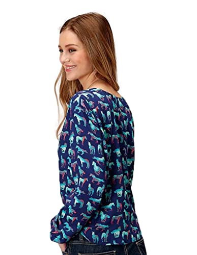 Roper Wild Horse Print Long Sleeve Blouse Blue Md #TOP1
