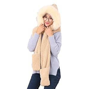 3 en 1 Chapeau Femme Ado Fille Bonnet Echarpe Gants Peluche Epais Chaud Foulard Tour de Cou Hiver Thermique Cache Oreille Moufles en Plein Air Cadeau d?Anniversaire Noël