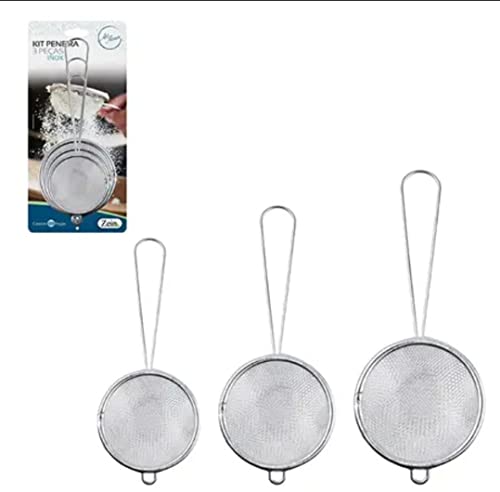 MARIAH FLOR HOME - KIT 3 Peneiras em Inox Luxo Com Suporte Para Acomodação, Suporta Altas e Baixas T