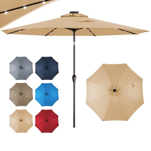 GOPLUS Parasol de Jardin Exterieur 3M avec 8 Baleines (Beige) | Grand Parasol Inclinable avec Lumineux Solaire 24 LED, Manivelle, Anti-UV, pour Plage Balcon Patio, Base Non Incluse