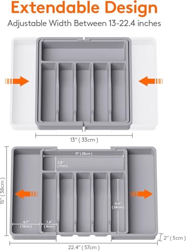 Image of Aroja Utensil Organizer for Kitchen Drawer, Gray, Pack of 2 | Expandable, Adjustable, Plastic, Cooking Silverware Tray