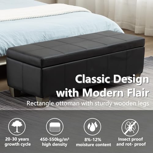 Image of 51 Inch Storage Ottoman, Storage Bench with Safety Hinge, Upholstered Synthetic Leather Ottoman Bench for Bedroom, Living Room, Entryway, Hallway, Foot Rest, Support 500lbs, Black