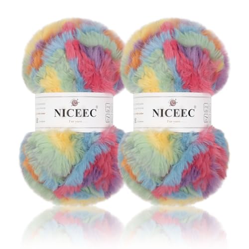 Image of NICEEC 2 Skeins Faux Fur Yarn Super Soft, Chunky & Fluffy, Eyelash Yarn for Crochet & Knitting (Total Length 70yds,3.53oz) - Rainbow