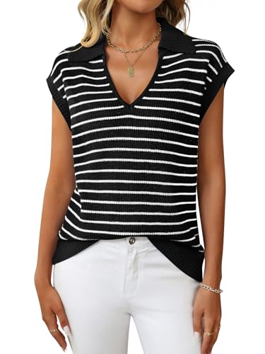 Mulisky Sweater Vest for Women Summer V Neck Sleeveless Knit Stripe Pullover Top