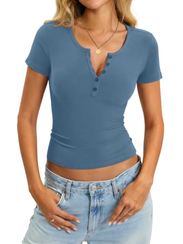 Image of EasyGala Womens Cotton Short Sleeve Shirts V Neck Henley Tops Basic Tees