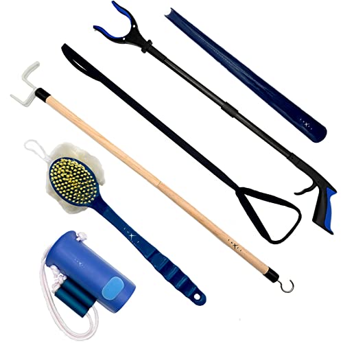 Hip Kit for Total Hip Replacement Prime Kit, Shoe Horn, Foldable 32" Grabber Tool, Dressing Stick & Sock Aide, Leg Lifter, Long Bath Sponge, Grabbers Elderly Reaching Tool, 6PC-Kit, Blue, by Luxet
