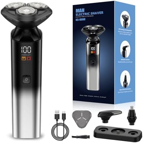 Electric Razor for Men, Rechargeable Electric Shaver for Men, Waterproof 3D Rotary Shaving, Wet/Dry Cordless 3-in-1 Electric Shaver with Beard Trimmer, Sideburn & Nose Hair Groomer