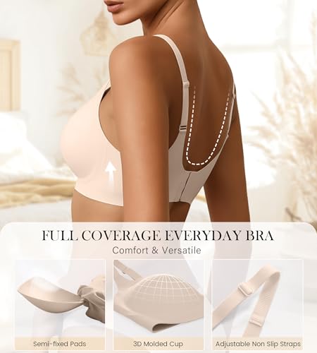 Womens Seamless Bras No Underwire Wireless Push Up Full Coverage Bra Scalloped V Neck T-Shirt Bra Comfort Bralettes3