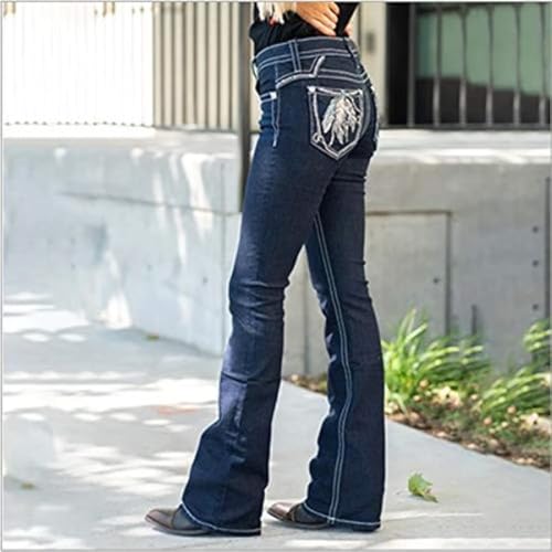 Women's Retro Mid Waist Embroidered Bootcut Jeans Washed Stretchy Tummy Juniors Jeans4