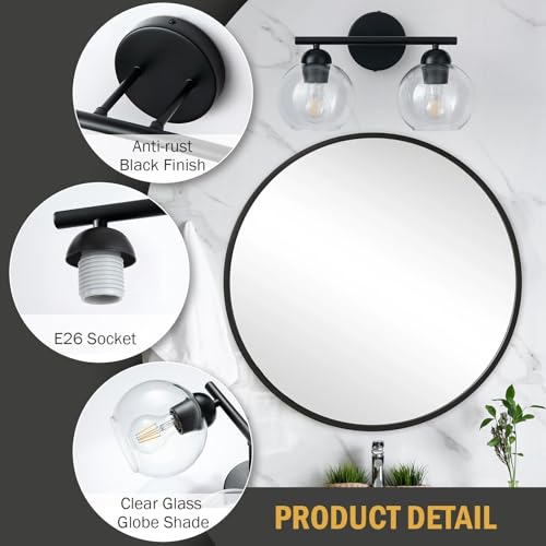 Image of Black Bathroom Light Fixtures, 2 Light Bathroom Vanity Light with Globe Glass Shades, Modern Farmhouse Vanity Lights Over Mirror, Matte Black Wall Lights for Bedroom Restroom, E26 Socket
