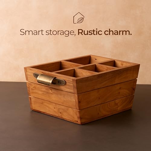 Image of Ikari Homes Acacia Cutlery Stand I Boho Premium Wooden Caddy I Spoon knife Fork Tissue Holder Stand I Cutlery Stand I Premium Acacia Wood I Big size with 5 Multi compartments - 23x16x11 cm