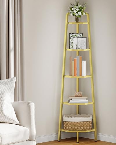 CHOEZON 5-Tier Corner Shelf 59.6 Corner Storage Stand Floorstanding Dispaly Rack Tempered Glass Corner Bookshelf Open Plant Stand for Living Room Bedroom Study Bathroom Gold TCJ21GJ