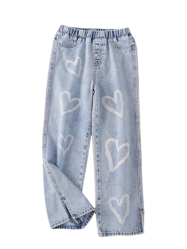 WDIRARA Girl's Graphic Print Elastic Waist Jeans with Pockets Wide Leg Long Pants
