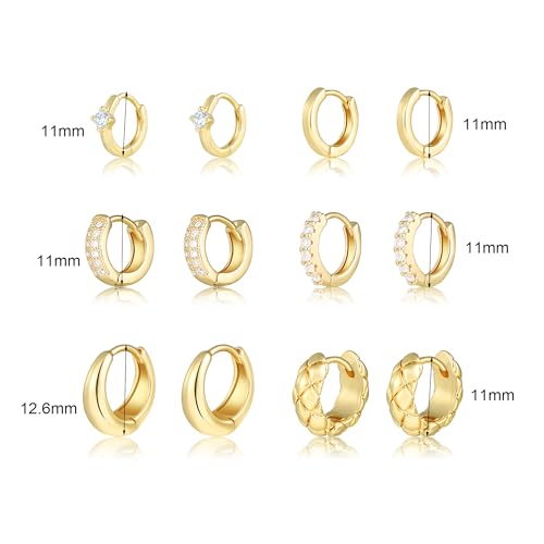 Wgoud Gold Hoop Earrings Set for Women, 6 Pairs 14K Gold Plated Hypoallergenic Lightweight Huggie Hoops Earrings, Small Cartilage Cubic Zirconia Earrings for Women Gifts. (E-Golden hoops) — view 6