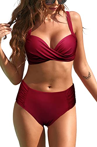 Rayson Mujer Bikini 2 Piezas de Playa Conjunto Halter de Baño Traje de Baño Push up ividido Color Sólido Beachwear Bañador(Borgoña,S)