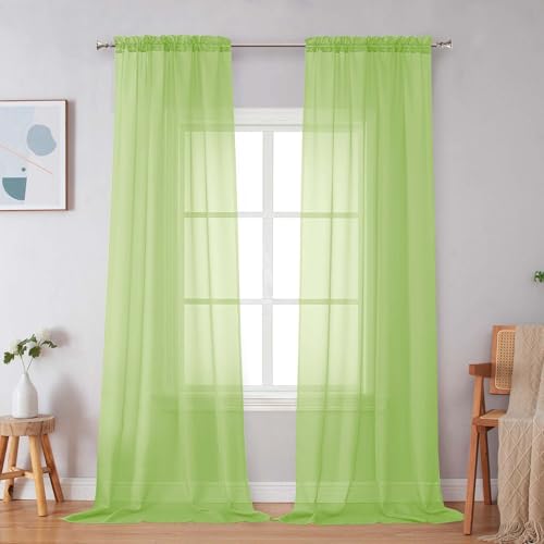 Image of Simplebrand Rod Pocket Top Solid Voile Sheer Curtains for Bedroom, 54 Inch Length Drapes Set of 2, Lightweight and Light Filtering Elegant Lime Curtains Panels Window Treatment, 42Wx54L, Lime