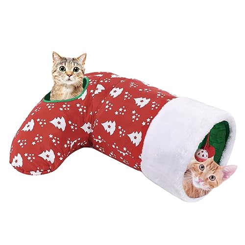 Image of Pawaboo Cat Tunnel Christmas Sock with Bell Balls, Upgraded 2 Way Cat Tunnel Interactive Toy, Pet Xmas Stocking with Crinkle Paper & Strong Spring-Steel Frame for Cat Kitten Kitty, Red Christmas Tree