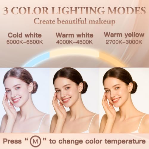 Image of ROLOVE 32 inchx22 inch Large Pink Vanity Mirror with Lights, 10X Magnifier | LED Lighting, 3 Color Modes, Stepless Dimming, Touch Control, Plug-In Power, USB Charging Port, Tabletop or Wall-Mounted Use